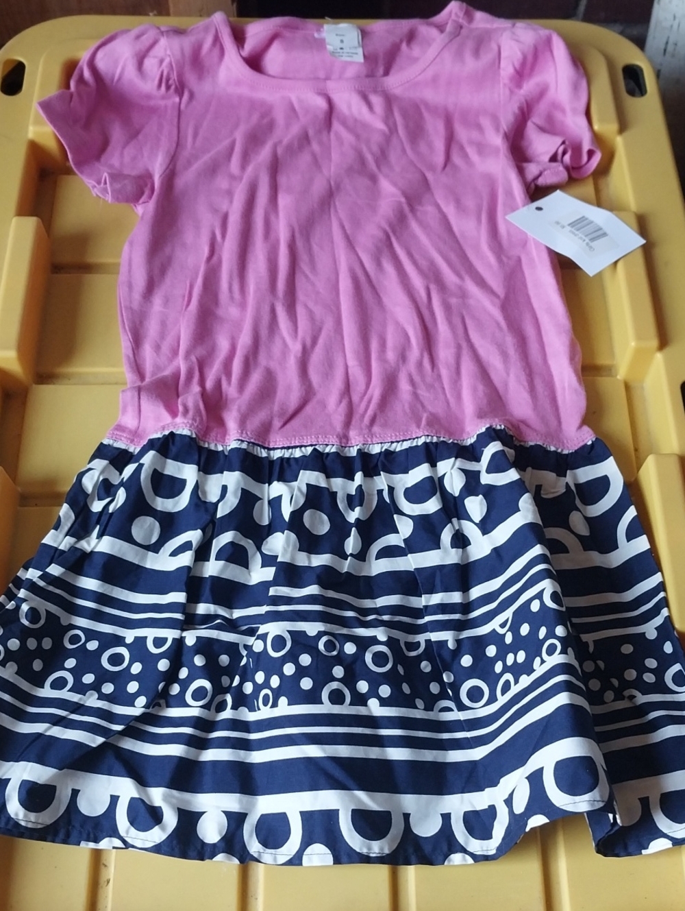 Girls Pink Top with Navy & White Patterned Skirt Dress